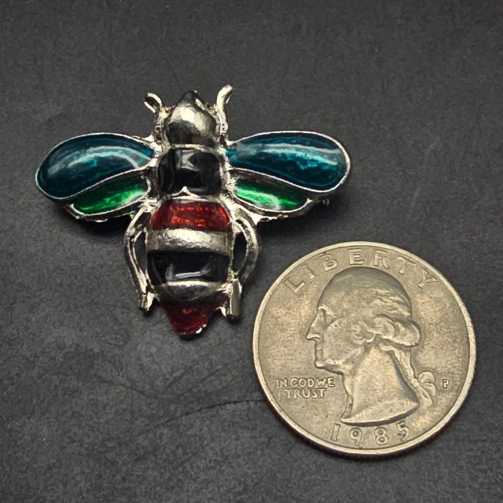 Bumble Bee Insect Brooch Silver Tone Teal Red Bug Jewelry